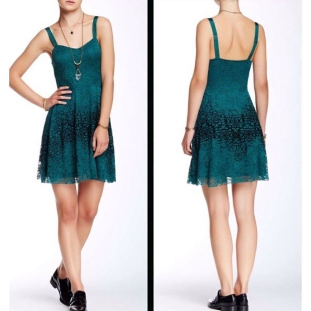 Free People Strap Mini Flare Dress Green Floral Lace Black Velvety Detail